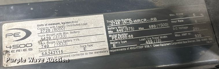 image for item EC3719 2015 Crown PE4500-60 pallet jack