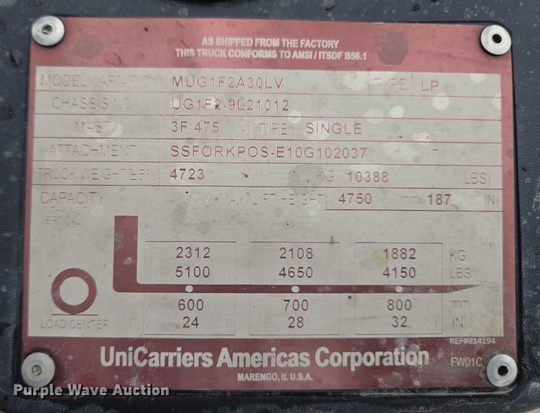 image for item EC4296 2016 UniCarriers PF60 forklift