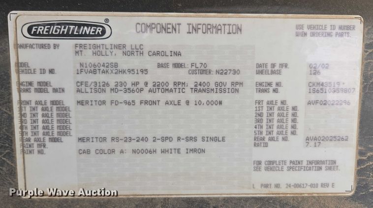 image for item ED2118 2002 Freightliner FL70 street sweeper truck