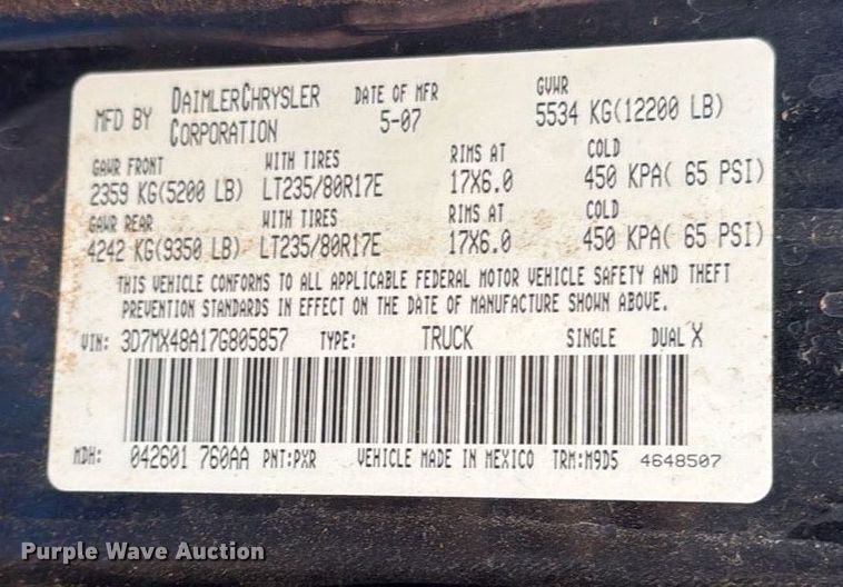 image for item ED5752 2007 Dodge Ram 3500 Quad Cab flatbed pickup truck