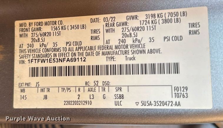 image for item ED5753 2022 Ford F150 STX SuperCrew pickup truck