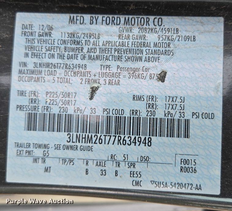 image for item EF1611 2007 Lincoln MKZ 