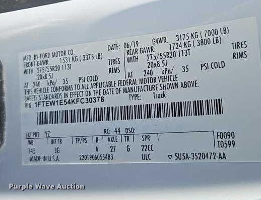 image for item EJ0130 2019 Ford F150 SuperCrew pickup truck