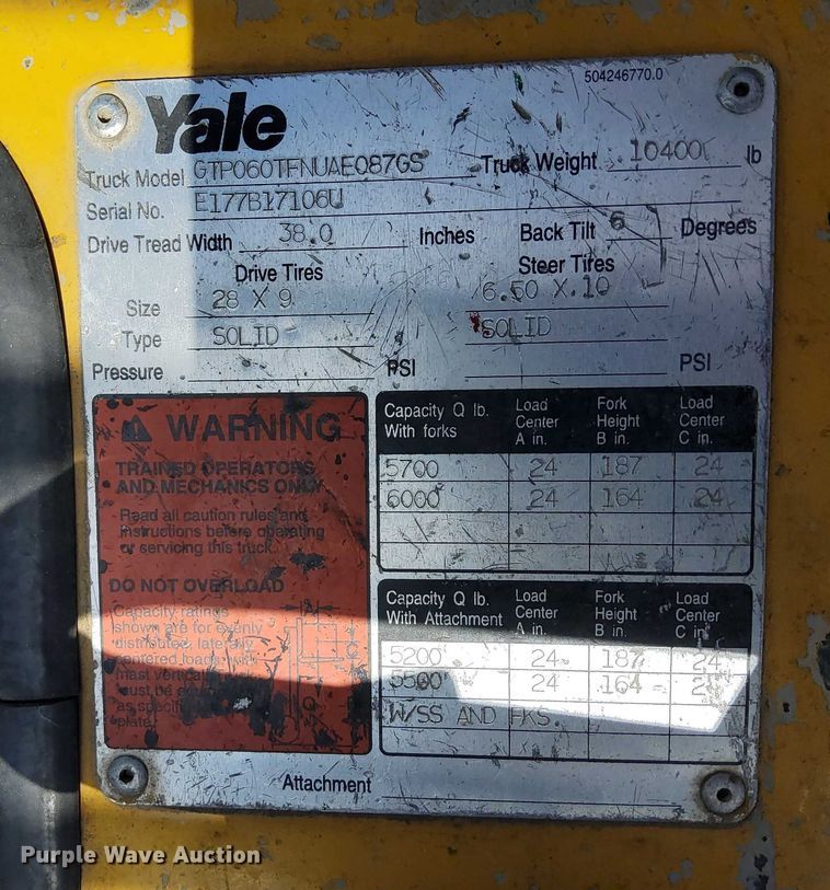image for item EJ0169 Yale GTP060TFNUAE087GS forklift