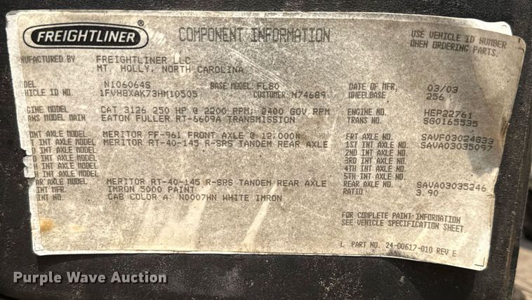 image for item EJ3744 2003 Freightliner FL80 flatbed truck