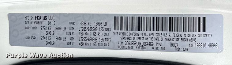 image for item EJ4805 2019 Dodge Ram 2500 Longhorn Mega Cab pickup truck