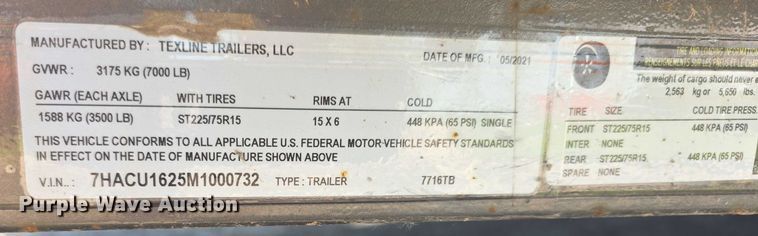 image for item EK5407 2021 Texline 7716TB utility trailer