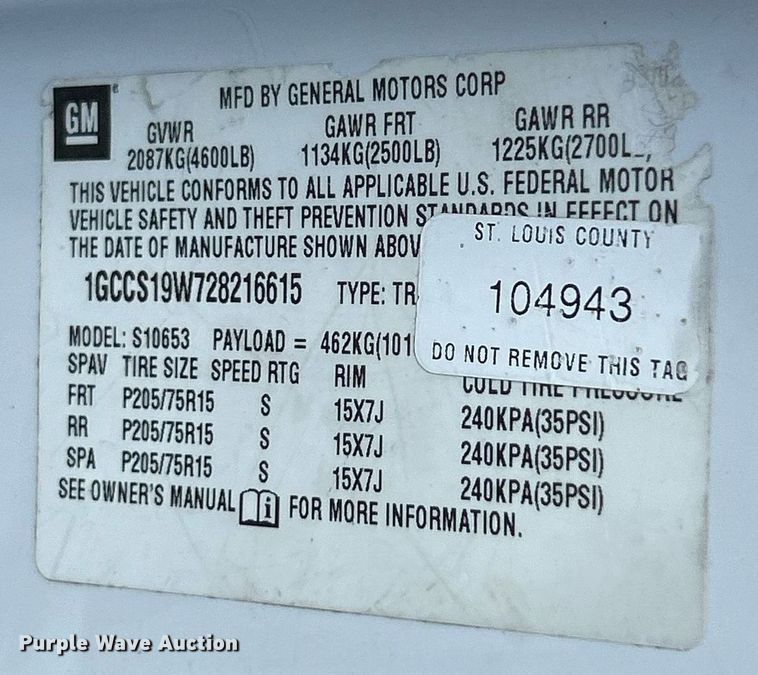 image for item EK8299 2002 Chevrolet S10 Ext. Cab pickup truck