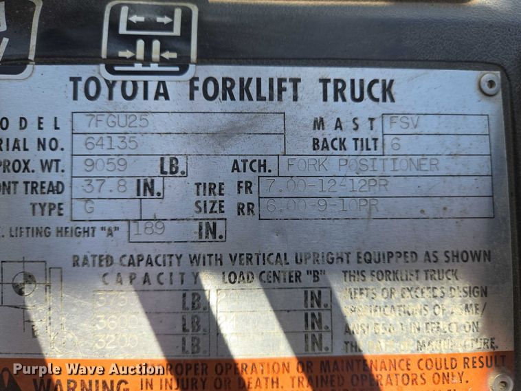 image for item EN8225 2001 Toyota 7FGU25 forklift