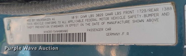 image for item EO1066 1992 Volkswagen Cabriolet convertible