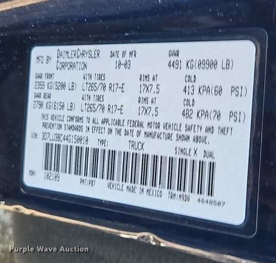 image for item EO4506 2004 Dodge Ram 3500 Quad Cab pickup truck cab and chassis