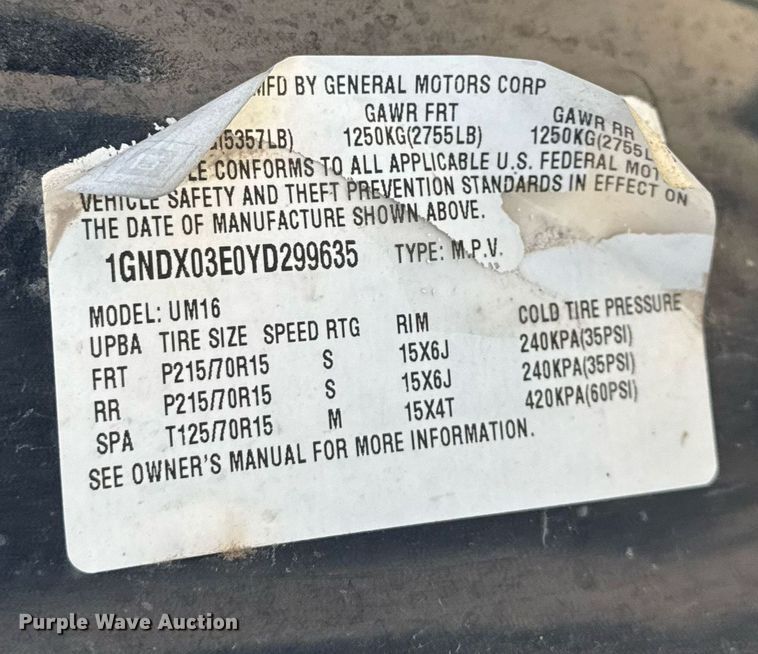 image for item NE9838 2000 Chevrolet Venture LS  van