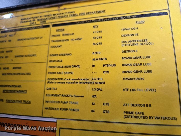 image for item YA0468 2000 Pierce pumper fire truck