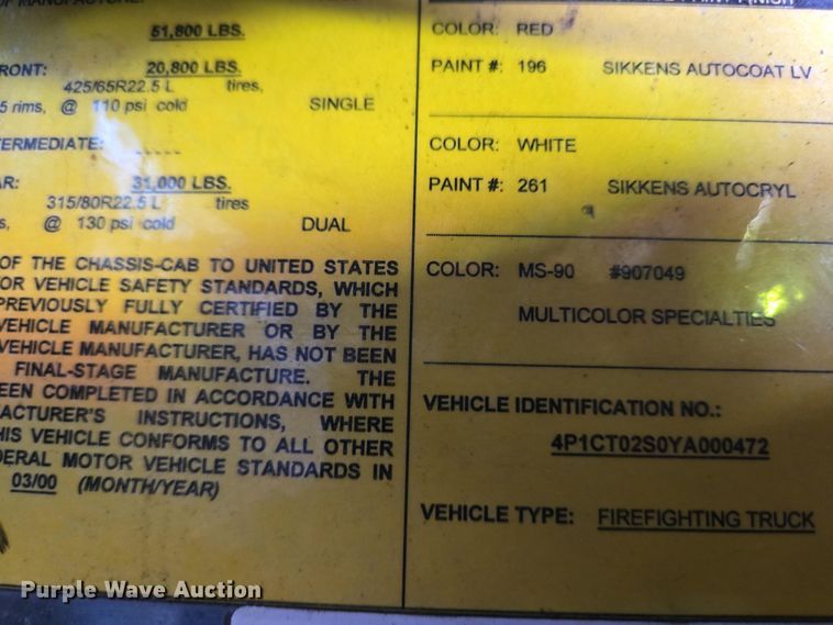 image for item YA0468 2000 Pierce pumper fire truck