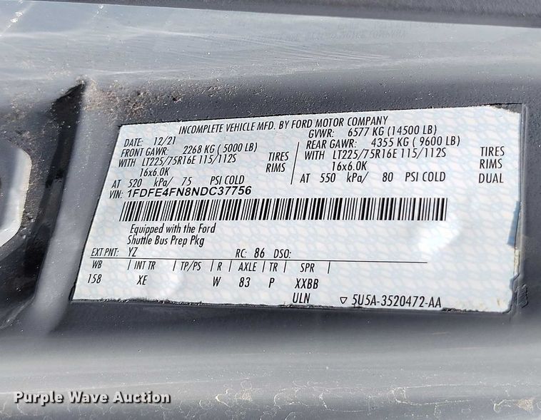 image for item YA0639 2022 Ford E450 shuttle bus