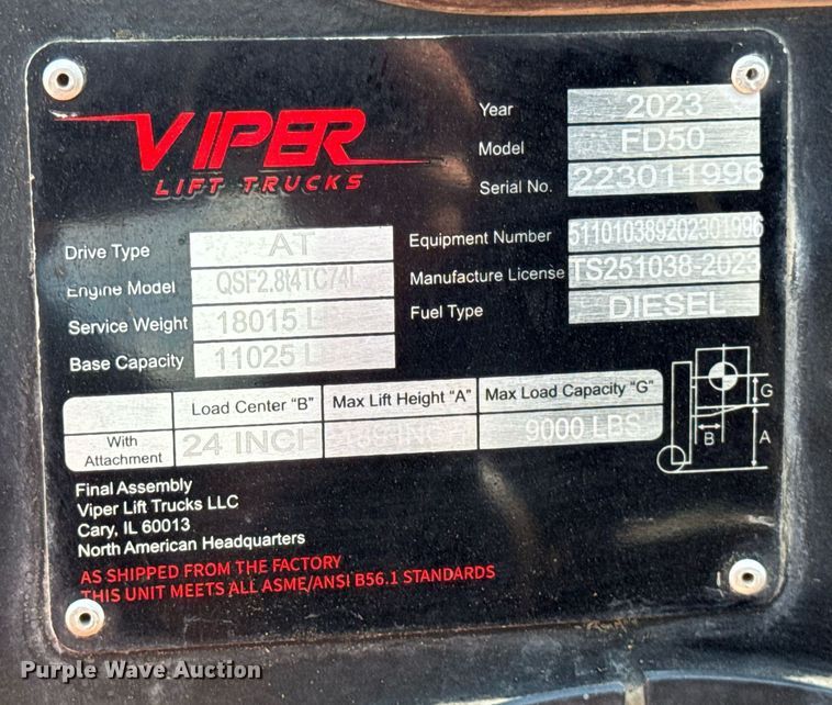 image for item DI9076 2023 Viper FD50 forklift