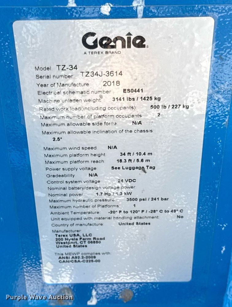 image for item DI9147 2018 Genie TZ34/20 boom lift