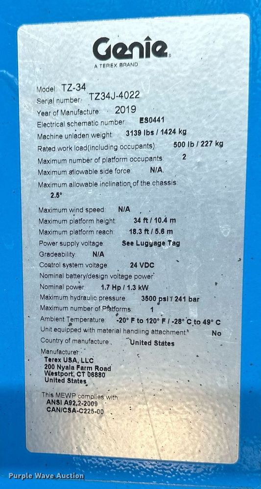 image for item DO0711 2019 Genie TZ-34/20 boom lift