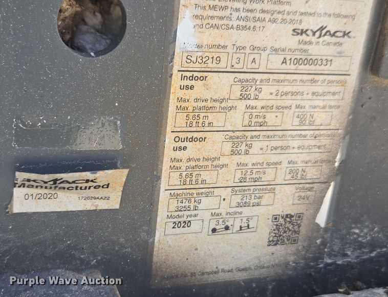 image for item DU7913 2020 Skyjack SJ3219 scissor lift