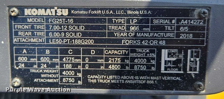 image for item DU7915 2018 Komatsu FG25T-16 forklift