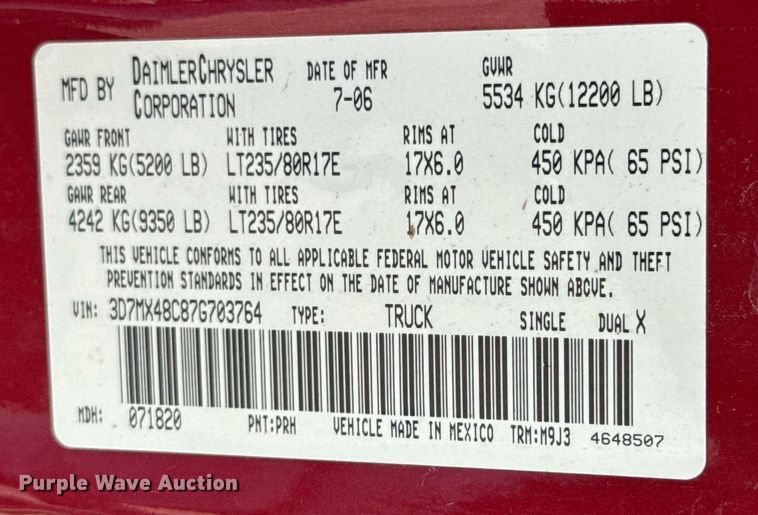 image for item DU9191 2007 Dodge Ram 3500 Quad Cab flatbed pickup truck