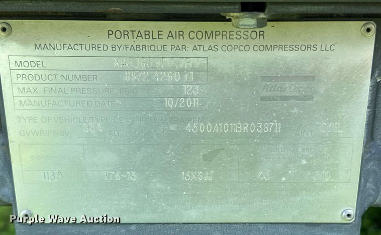 image for item DU9200 2011 Atlas XAS 185 JD7 air compressor