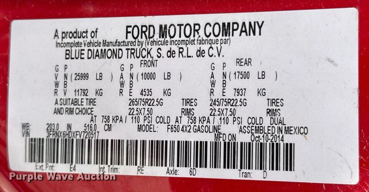 image for item DU9231 2015 Ford F650 utility / service truck