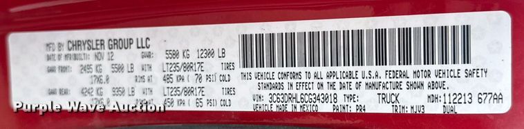 image for item DU9267 2012 Dodge Ram 3500 Crew Cab pickup truck