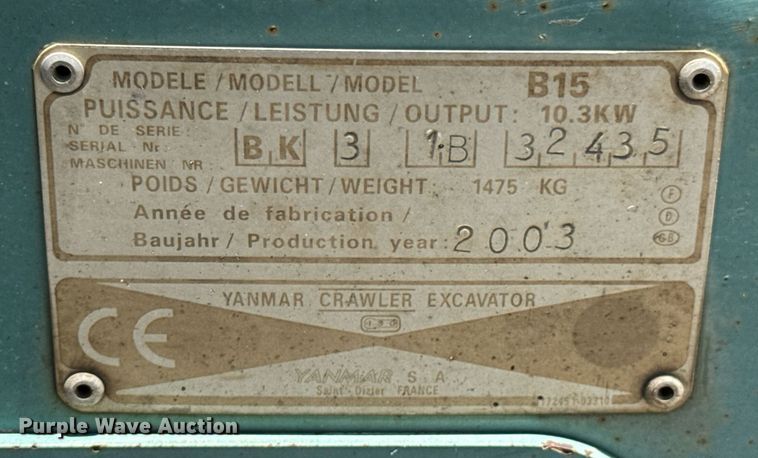 image for item DU9939 2003 Yanmar B15 mini excavator