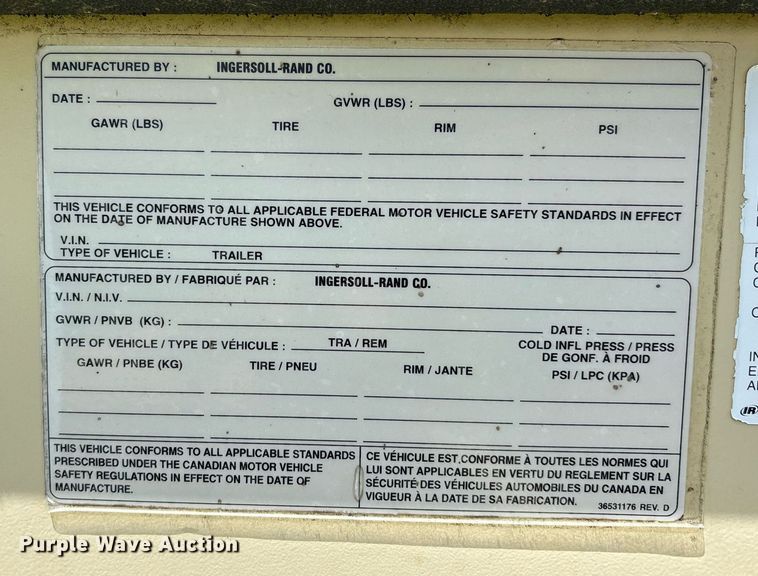 image for item DW7122 2002 Ingersoll Rand P185WIR air compressor