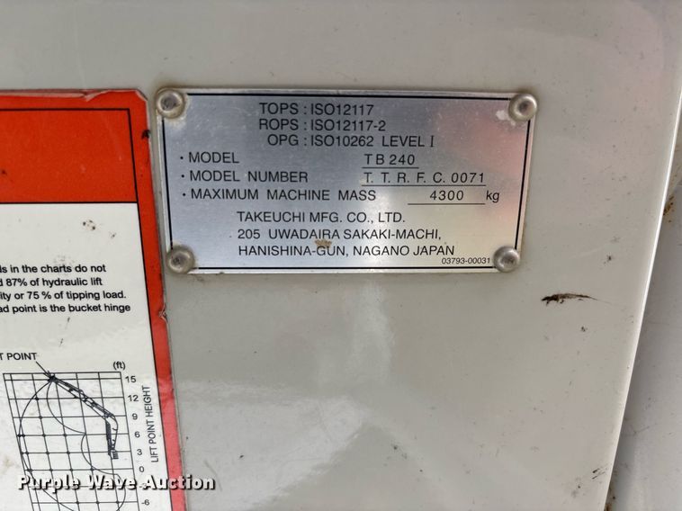 image for item DW7142 2018 Takeuchi TB240 mini excavator