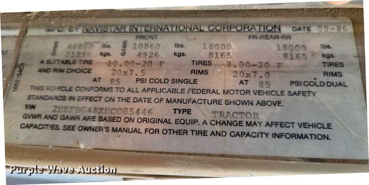 image for item DX7141 1987 International F9370 dump truck