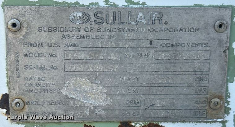 image for item DY0245 Sullair 185H DPQ JD air compressor