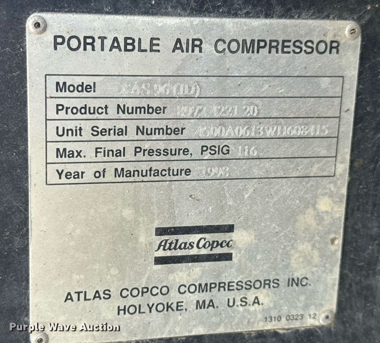 image for item DY0289 1998 Atlas Copco XAS 96JD air compressor