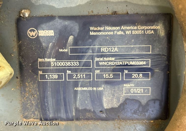 image for item DY0674 2021 Wacker Neuson RD12 double drum vibratory roller