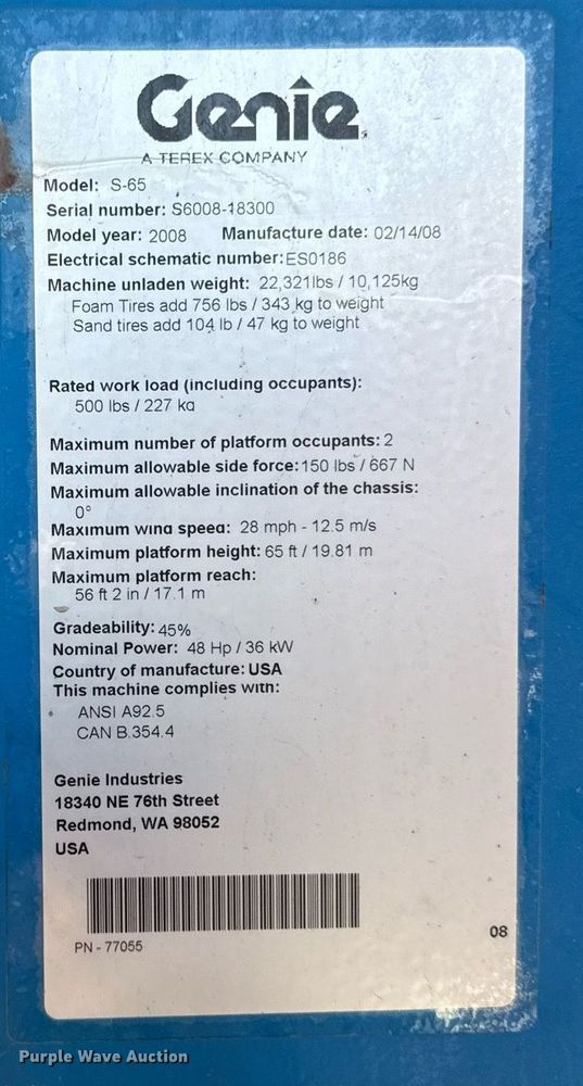 image for item DY8092 2008 Genie S65 boom lift