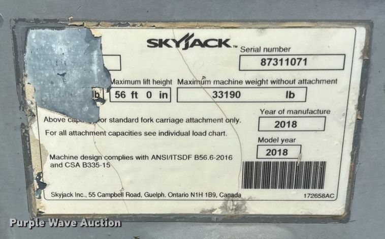 image for item DY8095 2018 Skyjack SJ1056TH telehandler
