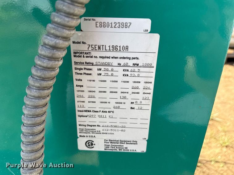 image for item ED2125 Onan 75 Genset generator