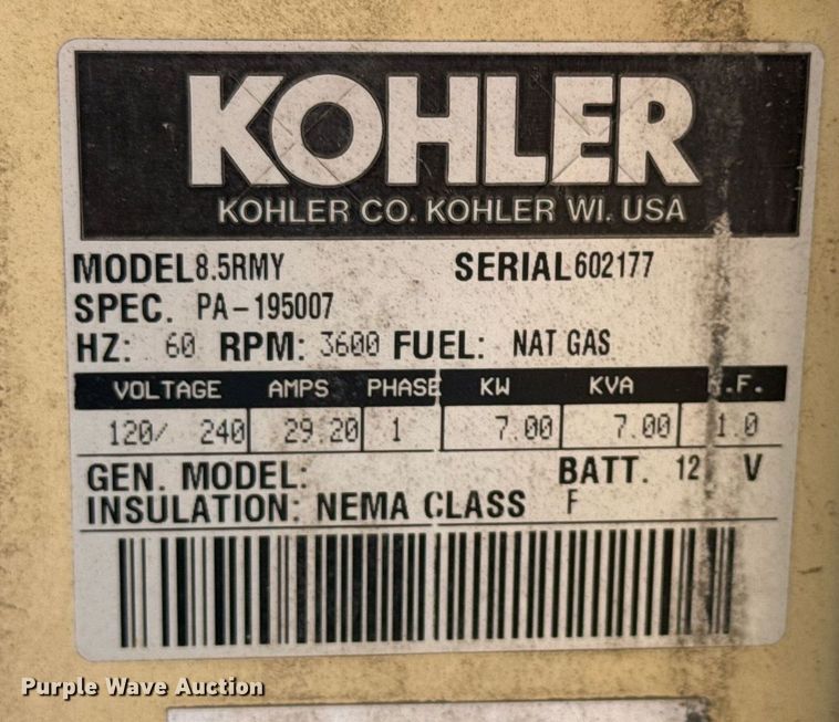 image for item ED2126 Kohler 8.5RMY generator