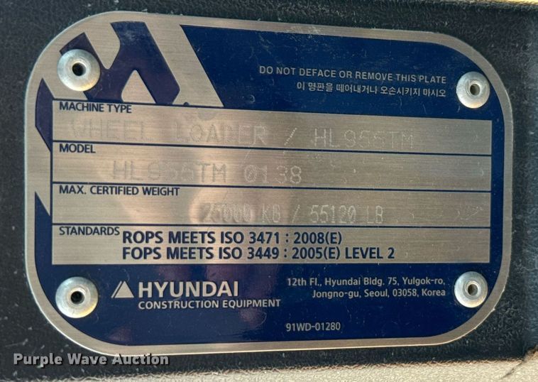 image for item ED5757 2019 Hyundai HL955TM wheel loader