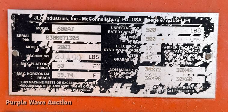 image for item ED5792 2003 JLG 600AJ boom lift