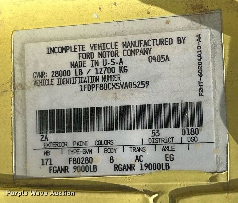 image for item EK8264 1995 Ford F800 reel truck