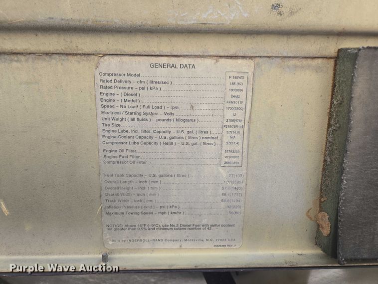 image for item EN3901 1999 Ingersoll Rand P185WD air compressor