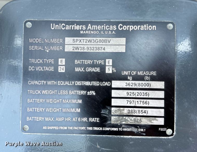 image for item EN4574 UniCarriers SPXT2W3G80BV pallet jack