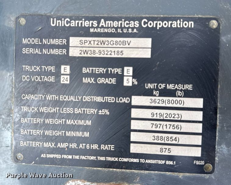image for item EN4577 UniCarriers SPXT2W3G80BV pallet jack