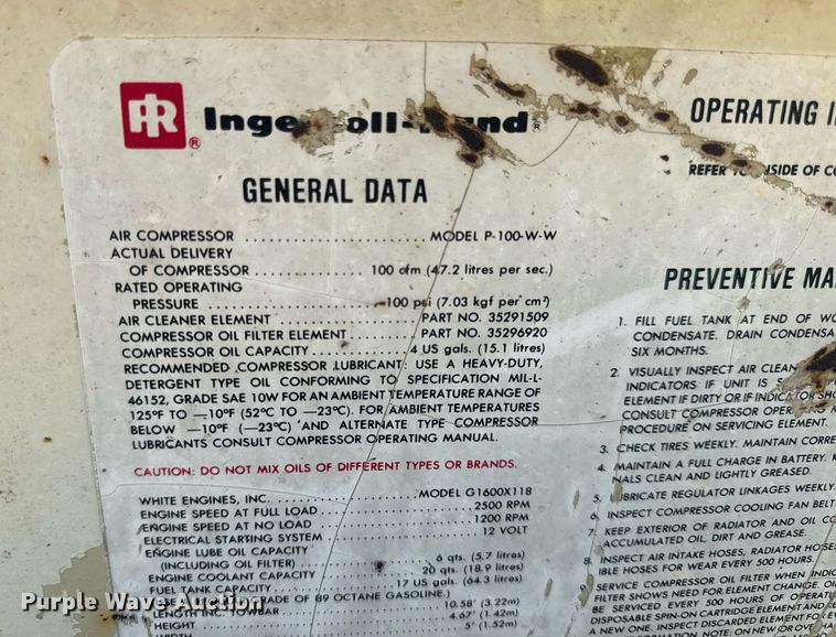 image for item EN4607 Ingersoll-Rand P-100-W-W air compressor