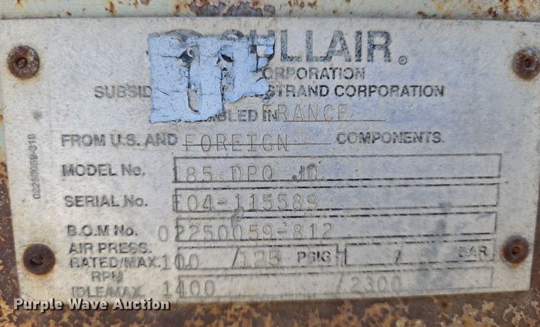 image for item EN8242 1994 Sullair 185 DPQ JD air compressor