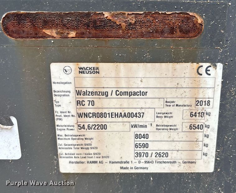 image for item EQ4050 2018 Wacker Neuson RC70 single drum vibratory roller