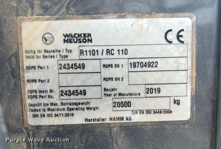 image for item EQ4053 2019 Wacker Neuson RC110 single drum vibratory roller