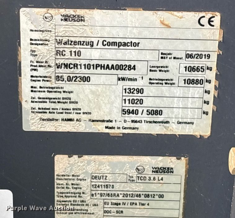 image for item EQ4053 2019 Wacker Neuson RC110 single drum vibratory roller